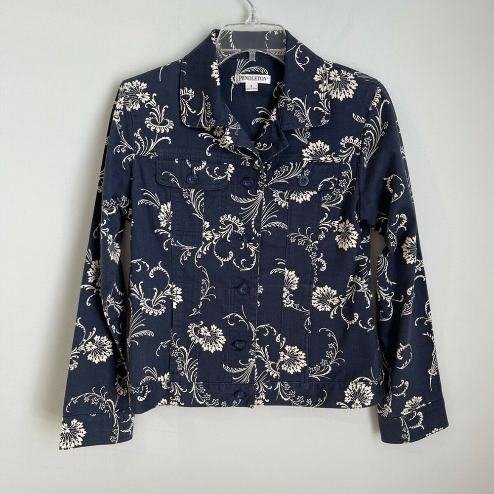 Pendleton Womens Blue Floral Long Sleeve Button Front Jacket - Picture 1 of 5